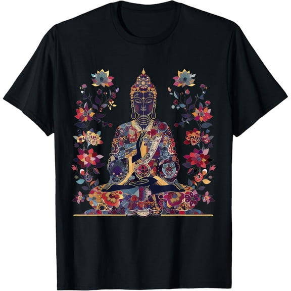 Buddha Vintage Flowers Zen Buddhism Spiritual Art Buddhist T-ShirtMen's and women's gift, black and white T-shirt, size: Extra large S-4XL