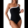 thumbnail image 3 of Trajes de Baño de un Solo Hombro para Mujer, Control de Abdomen, Traje de Baño de una Pieza, Adelgazante, Deportivo, con Bloques de Color, Traje de Baño. Negro L, 3 of 10