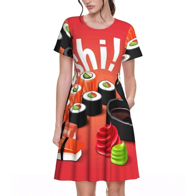 Bixox Robe d'Été à Manches Courtes pour Femmes Robe Ample Longueur Genou avec Poches-Sushi