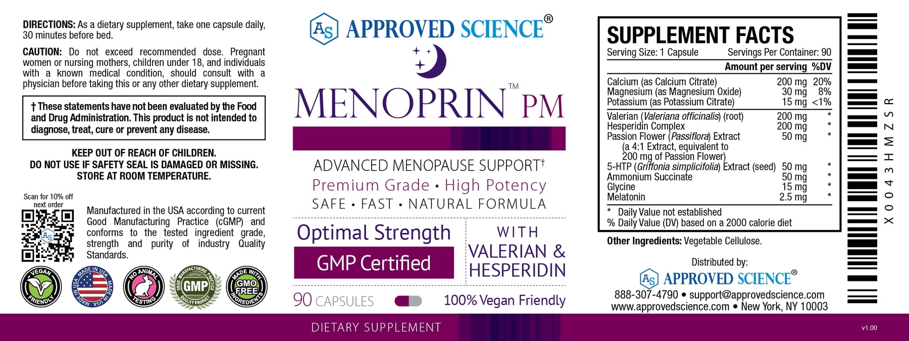 Approved Science Menoprin PM - Valerian Root, Magnesium, Melatonin - 90 Capsules - 1 Bottle - Vegan
