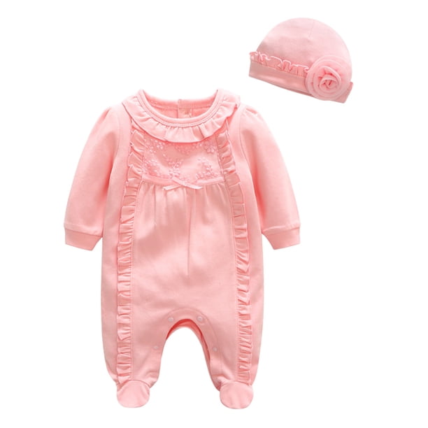 2 piezas de monos de algodón para bebés de 80 cm, con mangas, para primavera y otoño, con gorro para niñas recién nacidas (rosa)