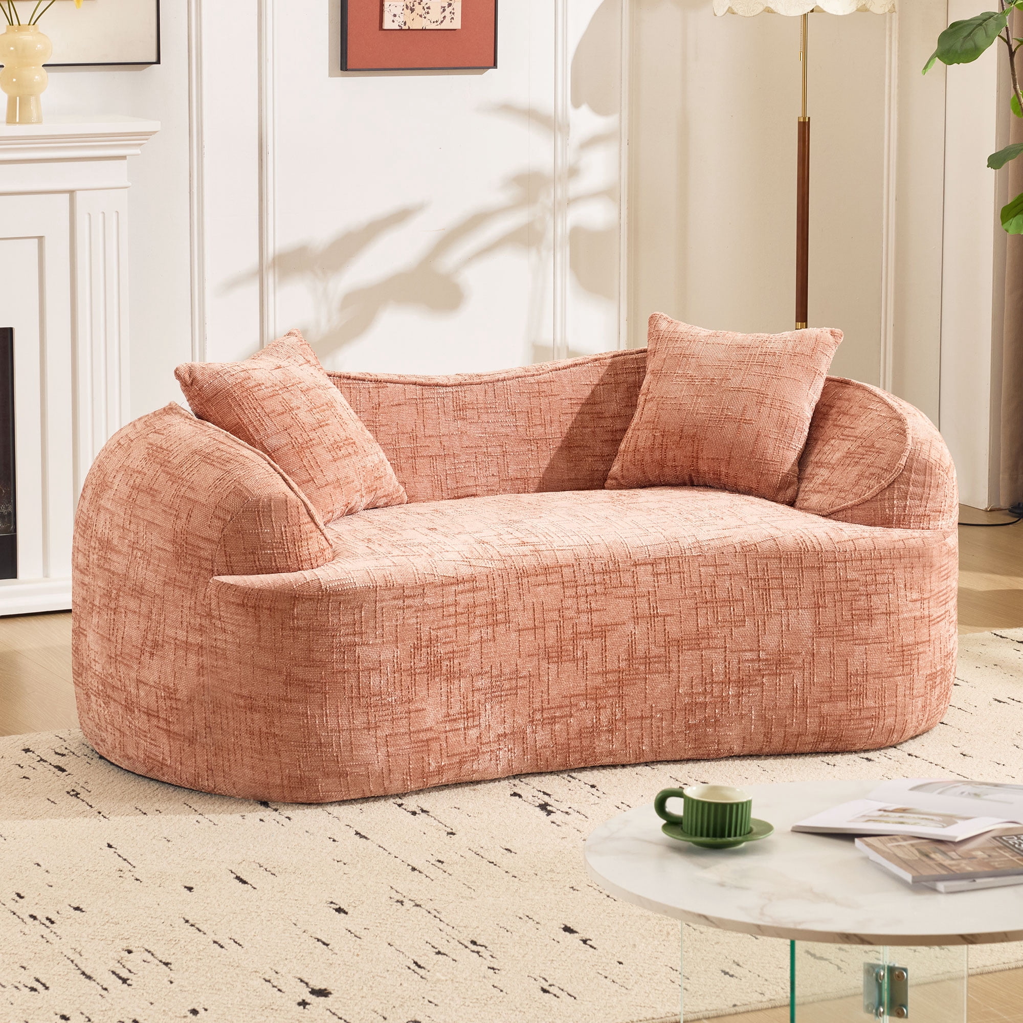 Curved Loveseat, Pink Compress Chenille Sofa with Two Pillows and Armrests, Foam Spring 2-Seater for Small Apartment Living Room or Bedroom, 67-Inch
