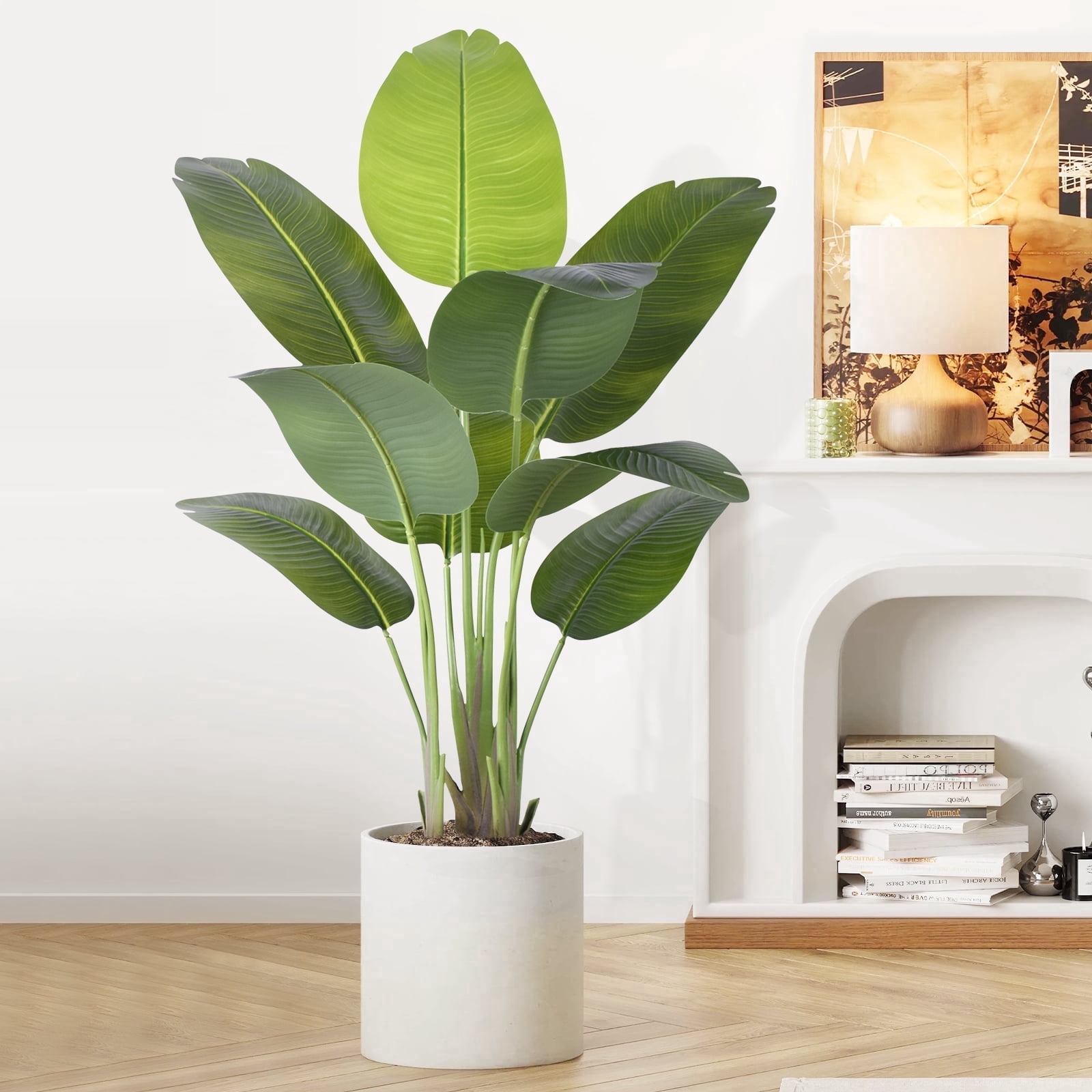 Artificial Bird of Paradise Plant 4Ft Tall Fake Tropical Palm Tree Large Fake Plants with 9 Silk Banana Leaves Faux Plant Indoor Decor Trees with White Pot for Home Bedroom Living Room Office