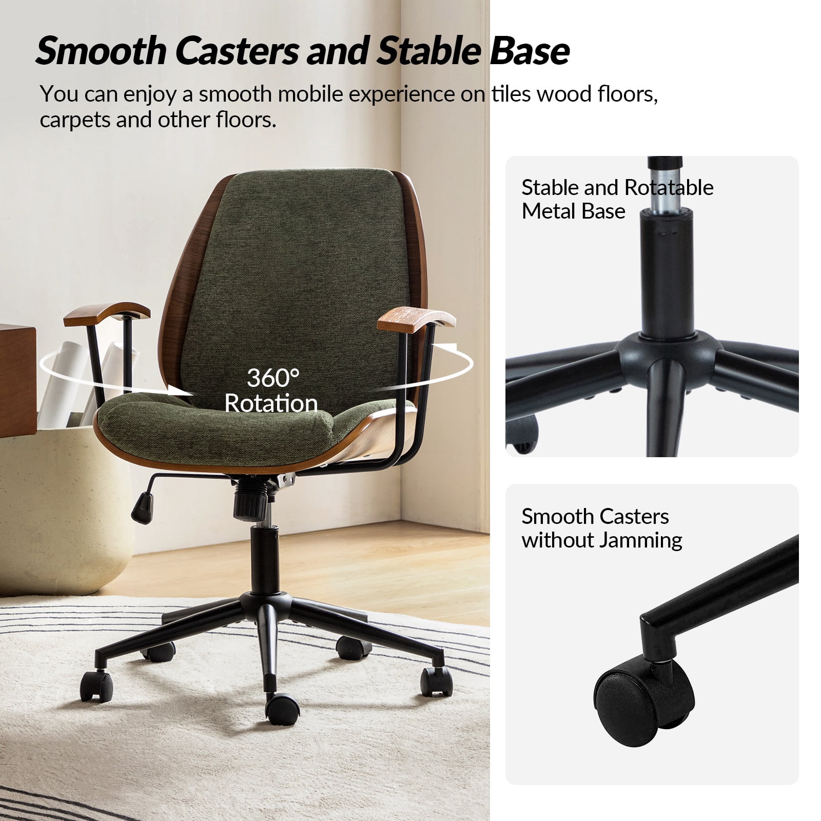Ergonomic Adjustable Swivel Office Chair with Solid Wood Backrest and Premium Comfort Navy Cushion for Home Workplace