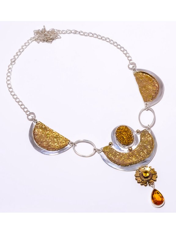 Titanium Golden Agate Drusy 925 Silver Plated Two Tone Necklace 16.17.99" A370, Valentine's Day Gift, Birthday Gift, Beautiful Jewelry For Woman