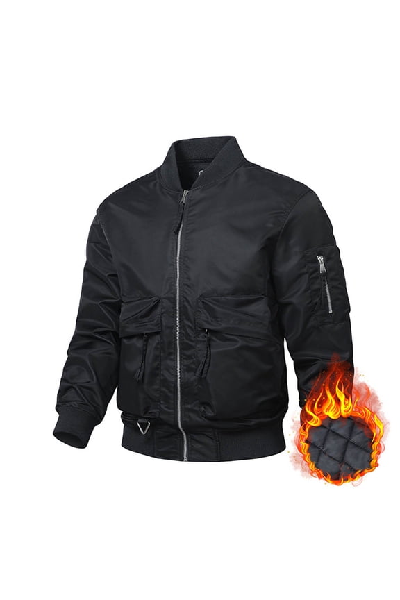 Men's Winter Jacket Cotton Military Jackets Fleece Lined Thick Work Coats Fall Full Zip Stand-up Warm Cargo Jackets with Pockets - Black