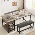 thumbnail image 1 of Cherish Dining Table Set, Retro Brown Dining Set for 4 with Upholstered Benches, Kitchen Dining Table Set with Storage Drawers and Wine Rack for Small Spaces, 1 of 7