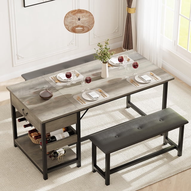 Cherish Dining Table Set, Retro Brown Dining Set for 4 with Upholstered Benches, Kitchen Dining Table Set with Storage Drawers and Wine Rack for Small Spaces