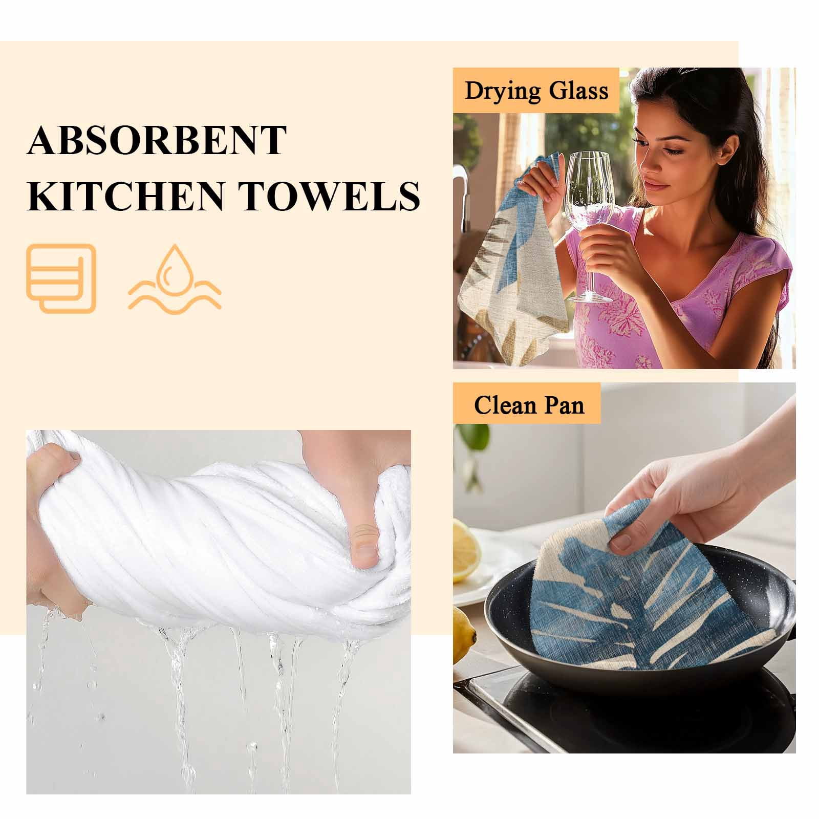 Blue Brown Palm Leaf Kitchen Towel Dish Cloths Set of 3, Microfiber Soft Kitchen Hand Towels, Retro Summer Botanical Absorbent Quick Drying Dishcloths 18 x 28 Inches