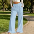 thumbnail image 2 of Hurxie Women's Linen Wide Leg Pants Drawstring Ruffle Hem Trousers | Casual Drawstring Palazzo Pants, Lightweight Breathable, loose fit,Summer Beach Vacation Ready Light Blue,S, 2 of 7