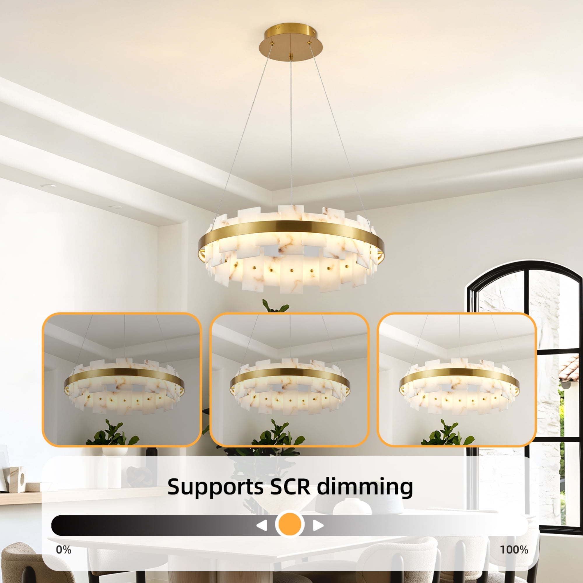 Leumius Modern Alabaster Linear Chandelier, 20 Inch Round Adjustable Flushmount Ceiling Light Fixture for Living Room, Over Table, Bedroom, Hallway, Entryway