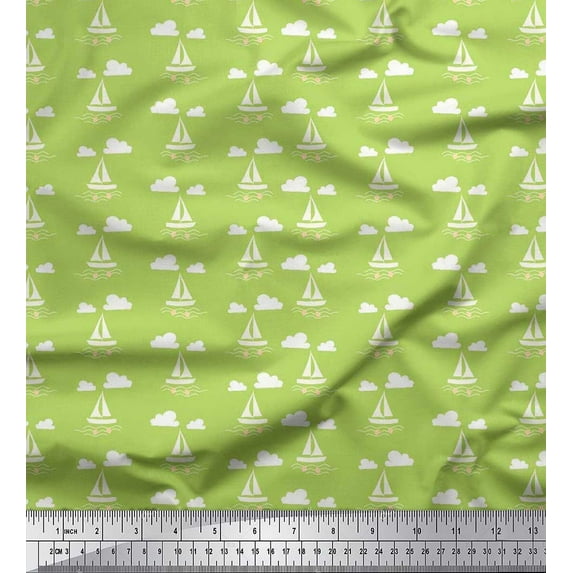 Soimoi Cotton Cambric Fabric Cloud,Fish & Yacht Nautical Printed Craft Fabric by The Yard 56 Inch Wide