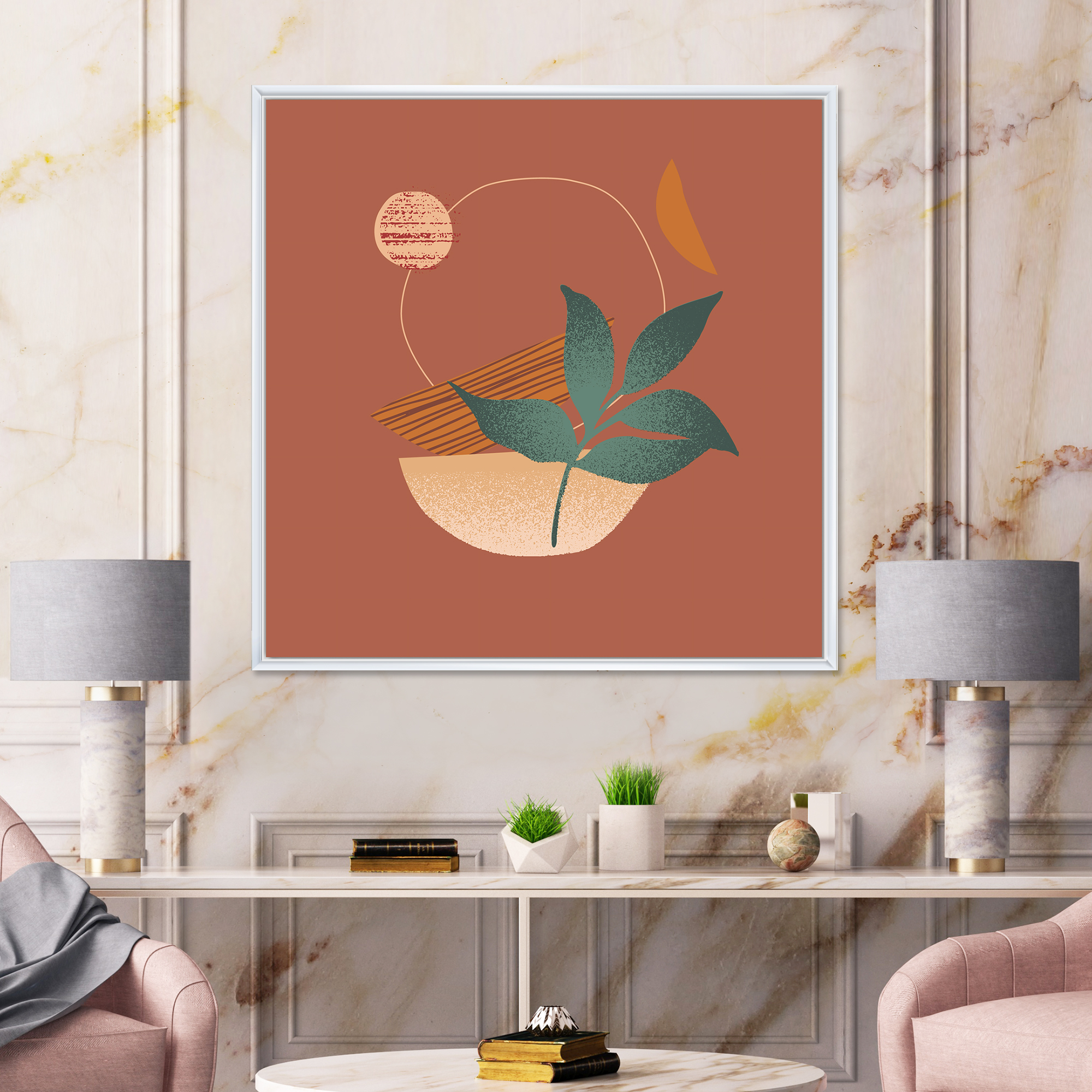 Designart 'Shapes and Tropical Leaf Silhouettes III' Modern Framed Canvas Wall Art Print