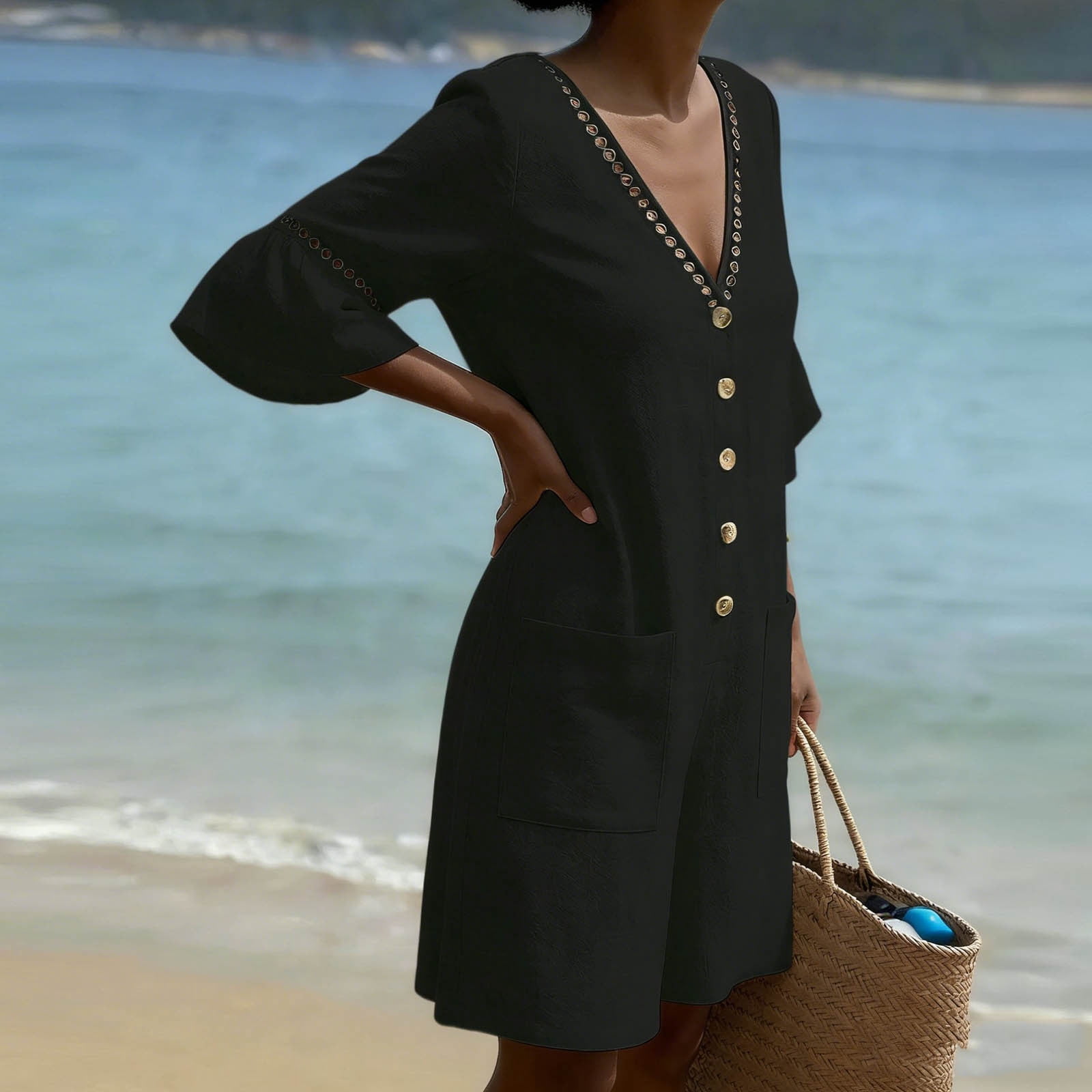 UPPADA Summer Beach Romper Womens V Neck Bell Sleeve Eyelet Button Front Jumpsuit Casual Comfy One Piece Overall Flowy Dress with Pockets Black,XXL