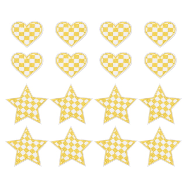 Uxcell 18 Pcs Parches Bordados de Corazón Estrella a Planchar Aplicaciones Parches para Chaqueta Colección de Denim Ropa Vestidos Sombreros Jeans Accesorio DIY, Amarillo/Blanco