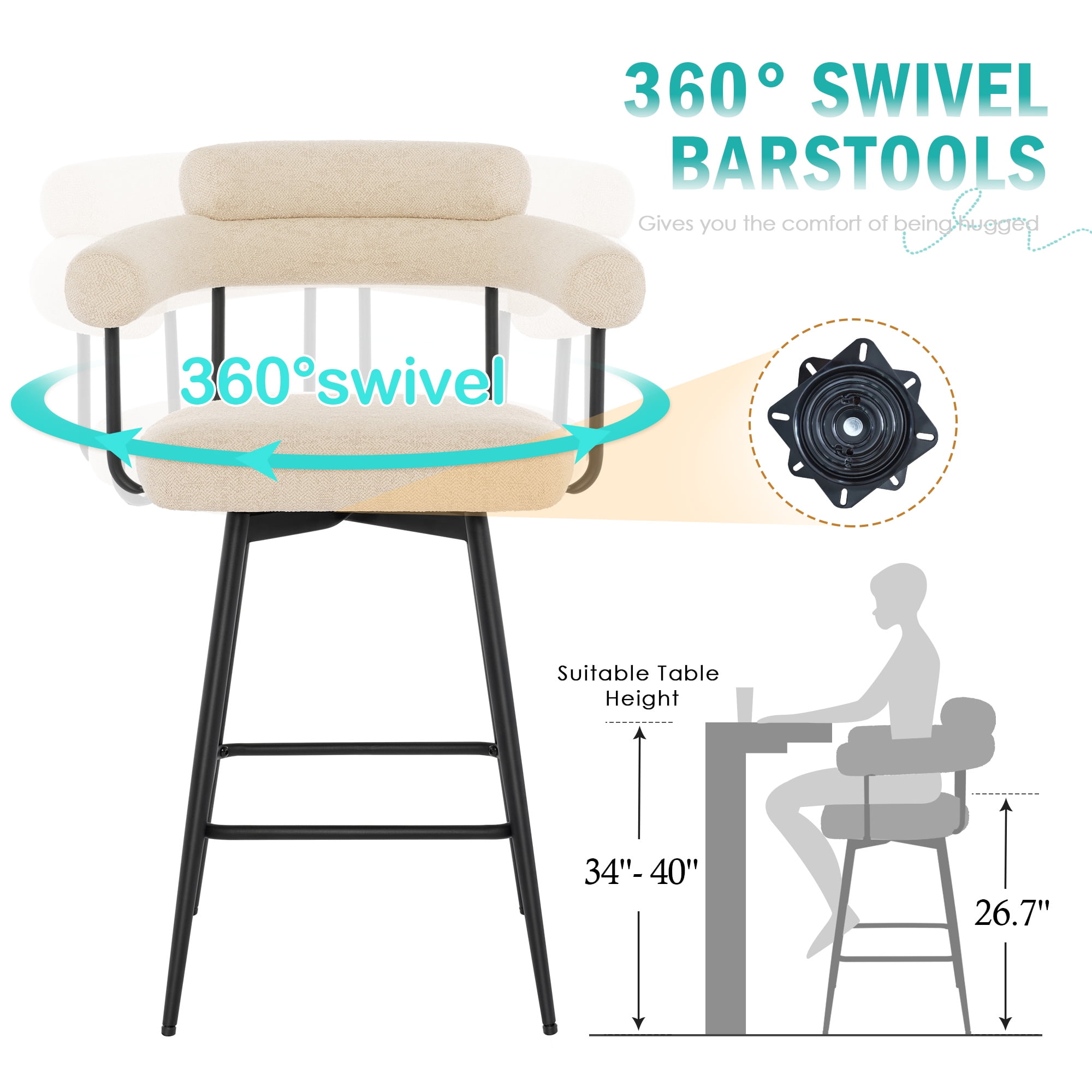 Zesthouse 26.7" Swivel Counter Stools Set of 2, Linen Upholstered Bar Stools with Back and Metal Legs, Modern Counter Height Chairs for Kitchen Island, Beige