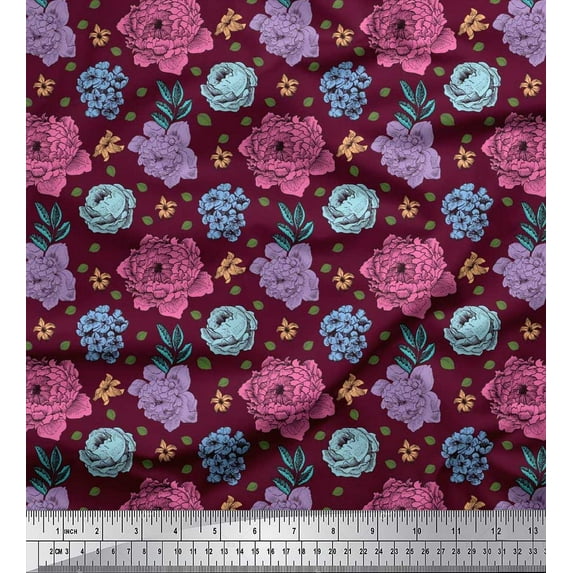 Soimoi Cotton Voile Fabric Leaves,Periwinkle & Peony Floral Print Fabric by the Yard 56 Inch Wide