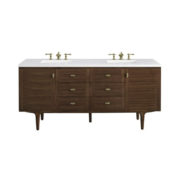 James Martin Vanities 72" Double Vanity, Mid-Century Walnut w/ 3 CM White Zeus Top