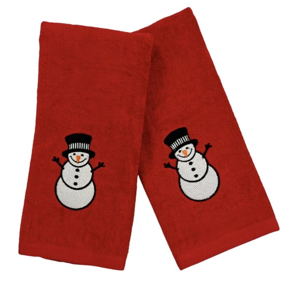 Christmas Holiday Red Snowman Hand Towels With Checkered Border: Luxury Bathroom Guest Towels Embroidered (25"" X 16"" Inch)