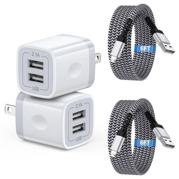 2 Pack Micro USB Charger, USB A to Micro Cable 6FT with USB Wall Charger, Android Charger Block Fast Charging Cable for Kindle, E-Reader, Samsung J8 J7 Pro S6S7, Droid Cord AC Power Adapter, White