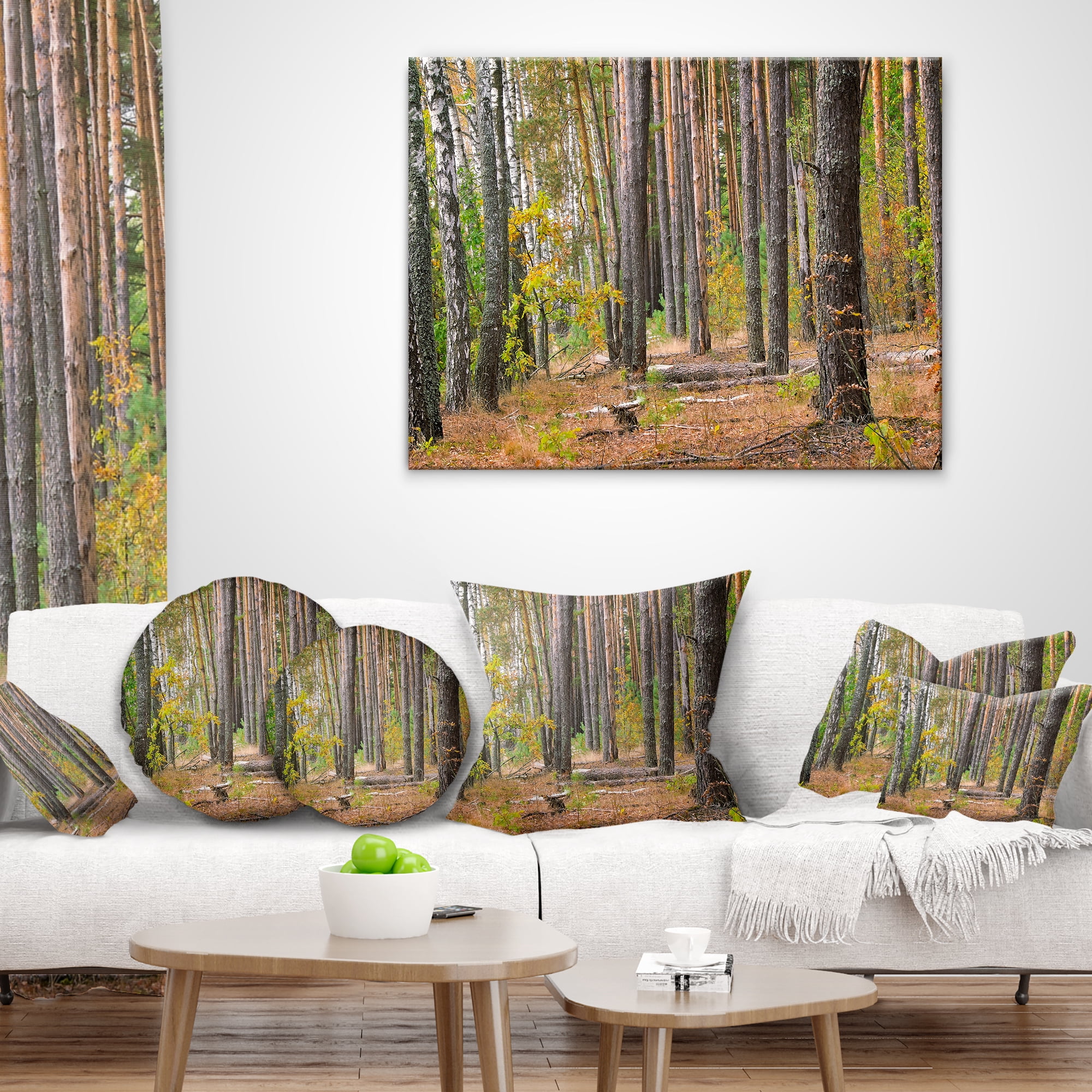 Designart Green Fall Forest with Thick Woods - Modern Forest Throw Pillow - 12x20