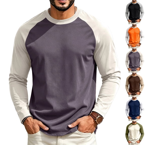 GrmtClth Mens Shirts Long Sleeve Raglan Baseball Two Tone Crew Neck Breathable Daily Casual Athletic Tops Light Purple L
