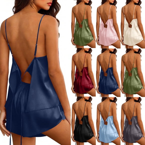 VBTAPA Satin Silk Pajamas for Women Cami Pjs Set Adjustable Strap Camisole Shorts Set Backless Sleepwear Beige L
