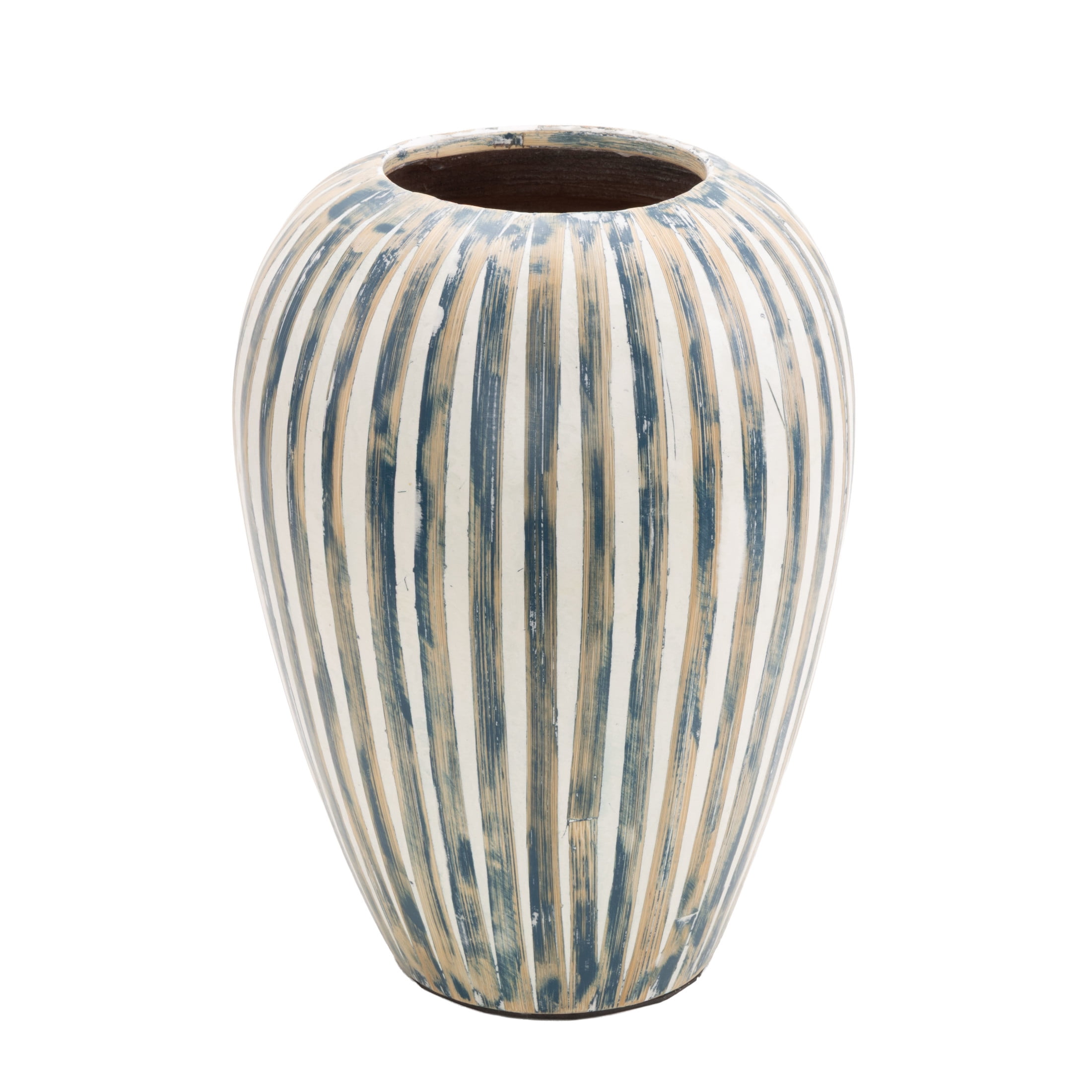 DecMode 14" Brushed Blue Bamboo Wood Vase with Cream Accents and White Stripes