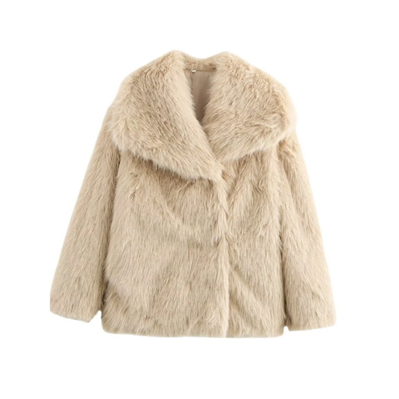 Women'S Faux Fur Coat Faux Fur Jacket Long Sleeve Lapel Furry Winter Jackets Parka Short Coat Khaki XS