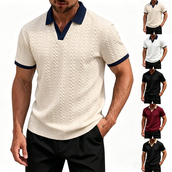 Polo Shirts for Men Knit Tops Lapel Collar V Neck Short Sleeve Jacquard Textured Casual Pullover Tees