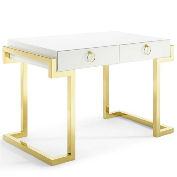 Pemberly Row Modern Stainless Steel Office Writing Desk in Gold/White