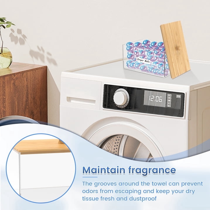 FUYGRCJ Dryer Sheet Holder with Bamboo Lid and Labels Clear Acrylic Dryer Sheet Container Dryer Sheet Dispenser Rectangular Laundry Pods Container for Laundry Room Decor Organization and Storage