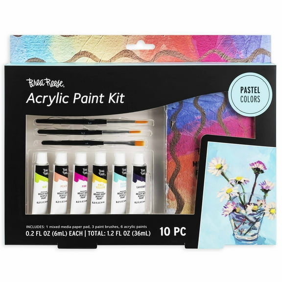 Brea Reese: Acrylic Paint Kit - Pastel Colors - 10pc Art Set, 3 Brushes, 6 Paint Tubes, Paper Pad, Rich Pigment-Heavy Body, Adult Craft Supplies Kit