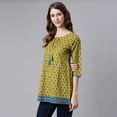 thumbnail image 6 of Janasya Indian Keyhole Neck 3/4 Sleeve Ethnic Motifs Green Cotton Tunic For Women, 6 of 8