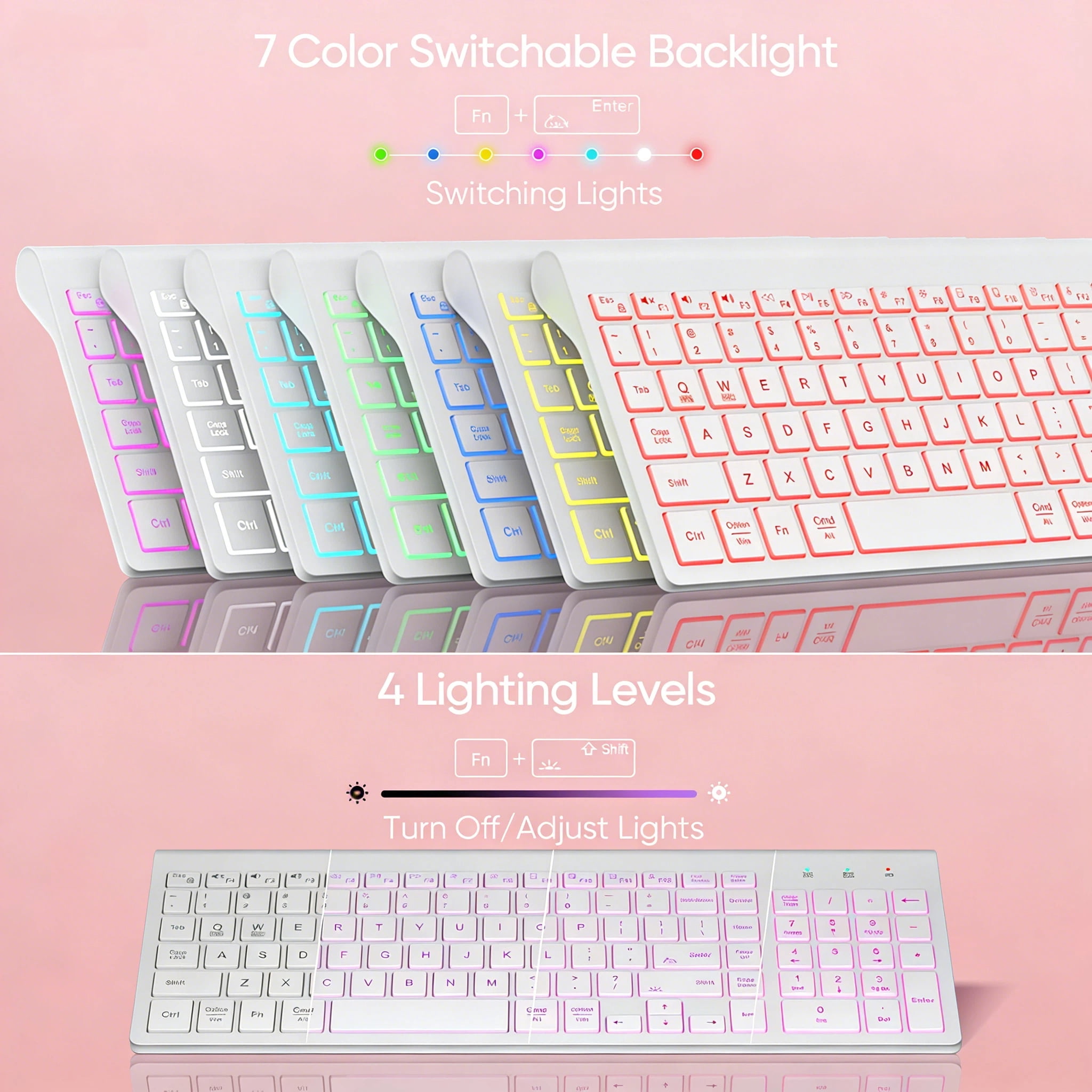 Slim Rechargeable Wireless Keyboard (White) – Quiet Backlit Keys for Home/Office/Travel (Works with Windows, Mac, PC)