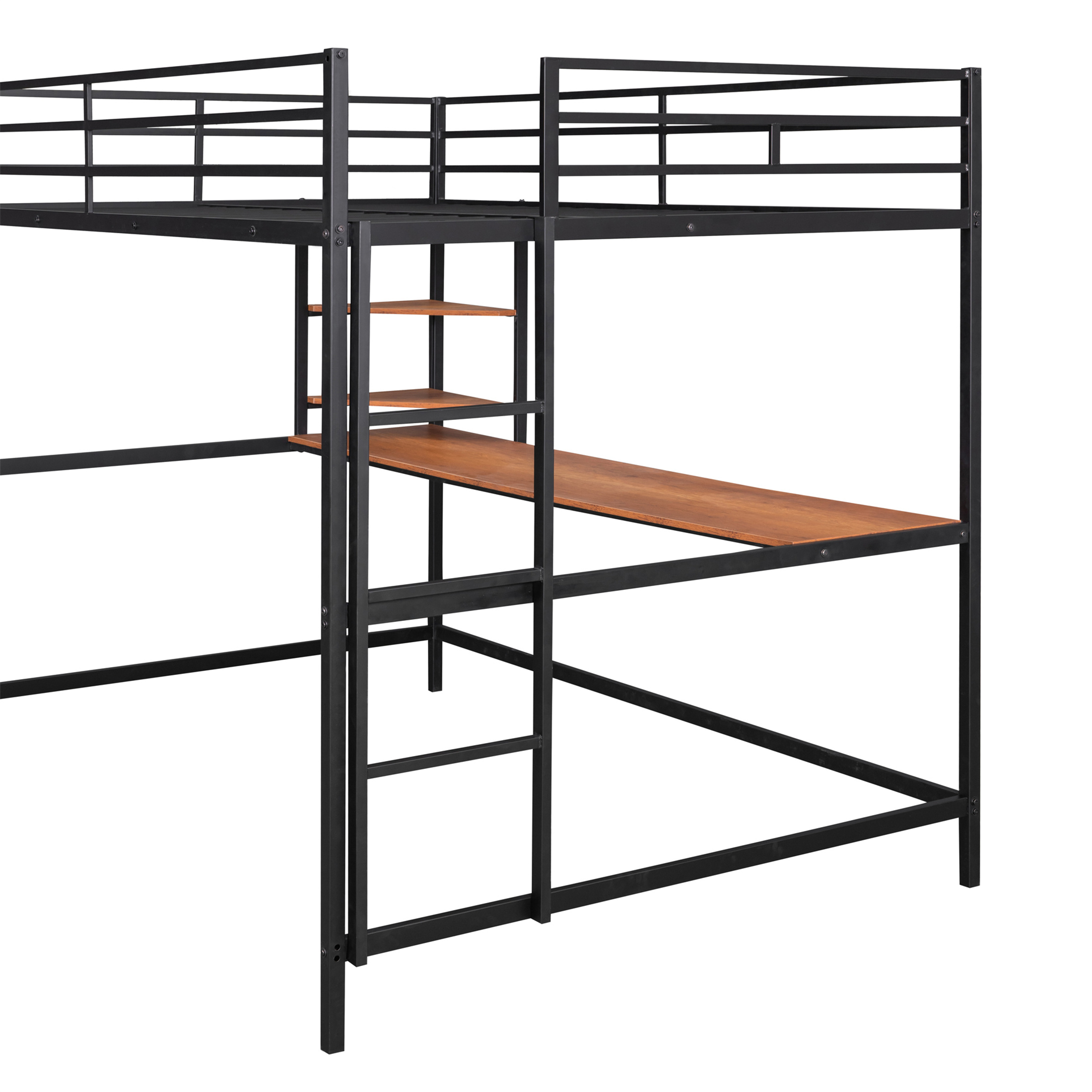 Aukfa Full Size Loft Bed with Desk and Shelves for Adults Teens, Heavy Duty Metal Bed Frame, Black