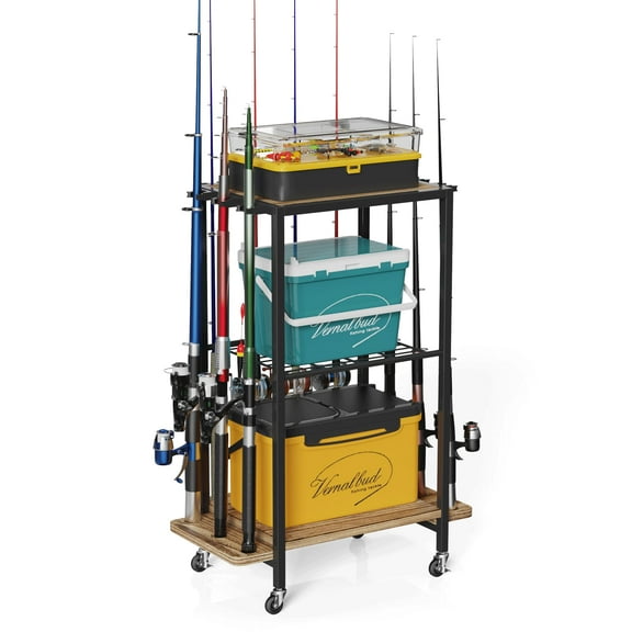 Fishing Rod Holders for Garage, Fishing Gear and Equipment Rotating Tackle Storage Cart, Pole Rod Rack Hold up to 10 Rods, Fishing Gifts for Men