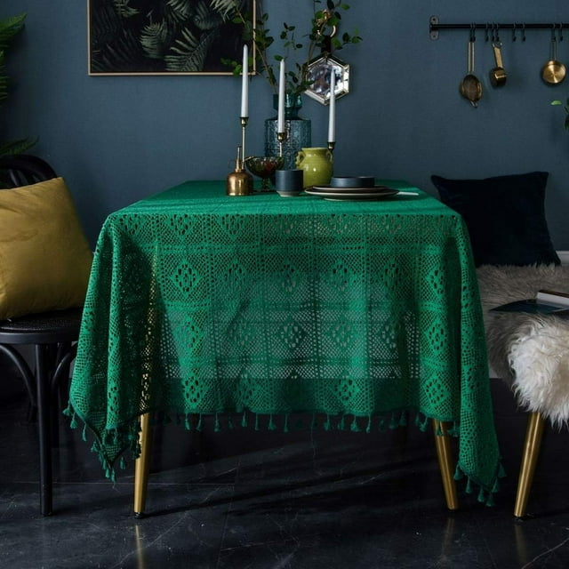 Nvzi Mantel de encaje de algodón hecho a mano con borlas rectangulares para mesa de cocina, comedor, decoración de mesa, 55 x 86 pulgadas (verde)