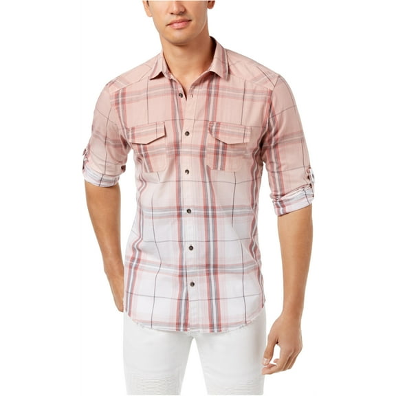 I-N-C Mens Plaid Button Up Shirt, Pink, Large
