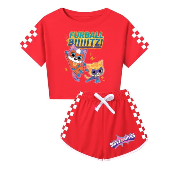 Girls SuperKitties Set – Cropped Top and Comfy Shorts – Kids Fun Summer Cartoon Cat Clothing