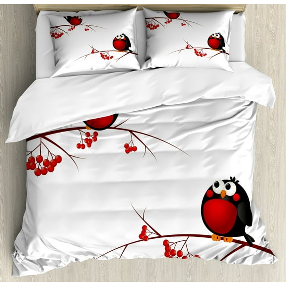 Rowan Duvet Cover Set, Themed Cartoon Style Birds on Branches Funny Happy Christmas Design, Decorative 3 Piece Bedding Set with 2 Pillow Shams, Calking Size, Red Black White, by Ambesonne