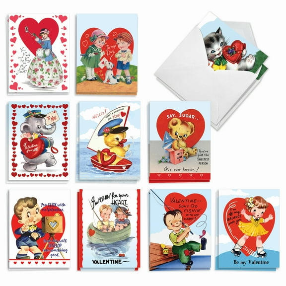 The Best Card Company 20 Assorted Valentine's Day Notecards Bulk Box Set 4 x 5.12 Inch with Envelopes (10 Designs, 2 Each) Vintage Kids AM8987VDG-B2x10