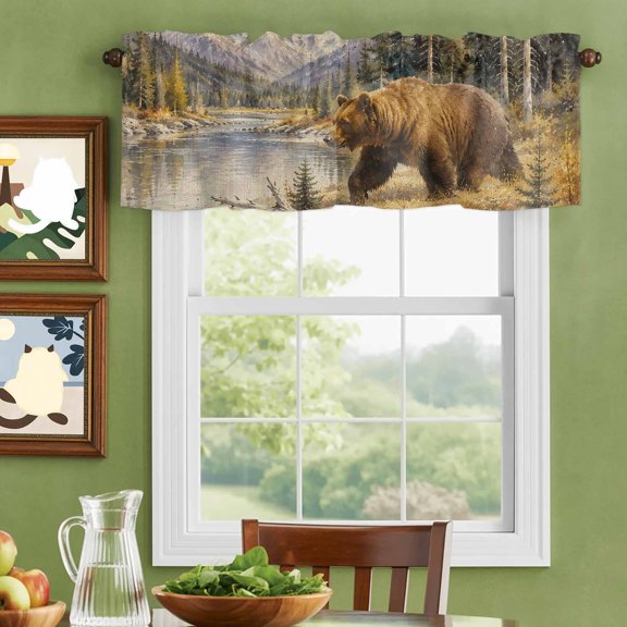 Valances for Windows,Bear Forest Mountain Lake Kitchen Curtain Valance Short Rod Pocket Panels Autumn Nature Small Window Treatment for Living Room Bedroom Bathroom,42"Wx12"L
