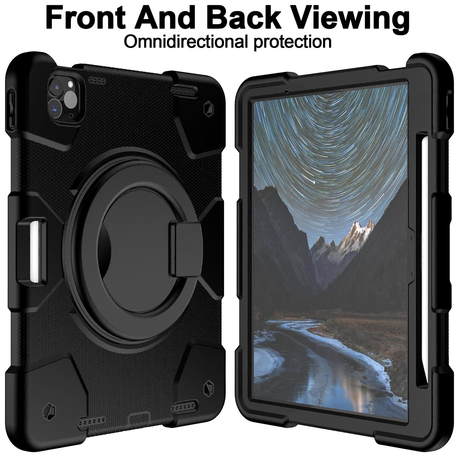 ELEHOLD Military Grade Shockproof Case For Apple iPad Air 11 (2024), Heavy Duty Protection Ring Stand Cover, Adjustable Angel, Detachable Shoulder Strap, Pencil Holder, Blacck