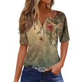 thumbnail image 3 of Floral Print Henley T-Shirt for Women, Short Sleeve V-Neck Button Top - Soft Summer Casual Tee with Slim Fit Army Green L, 3 of 8