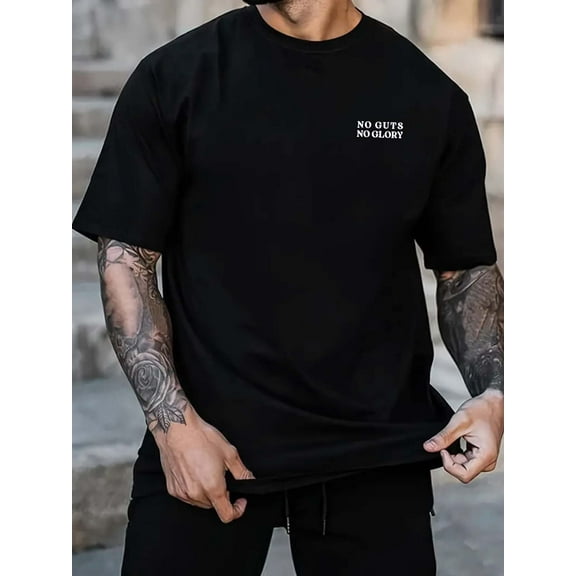 Men's cool black short-sleeved T-shirt with "NO GUTS NO GLORY" slogan print, showing uninhibited personality.