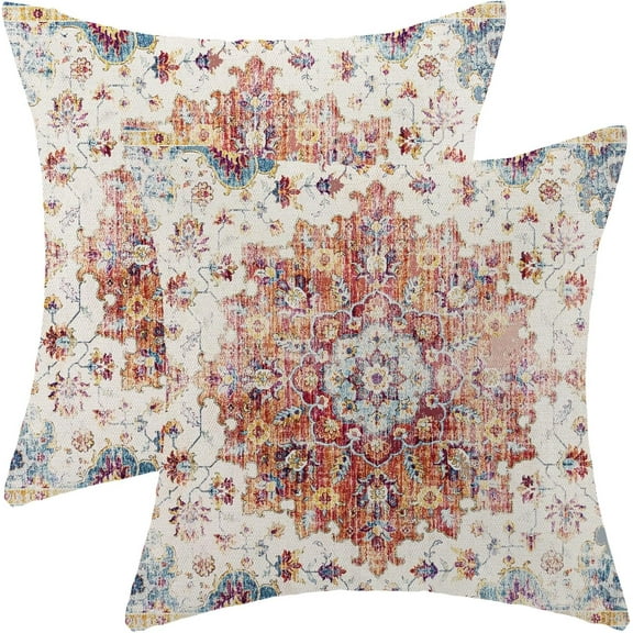 Boho Pillow Covers Set of 2 16x16 Inch Ethnic Design Decorative Bohemia Throw Pillows with Linen Orange Blue Carpet Pattern for Farmhouse Outdoor Sofa Couch Decor Exotic and Chic