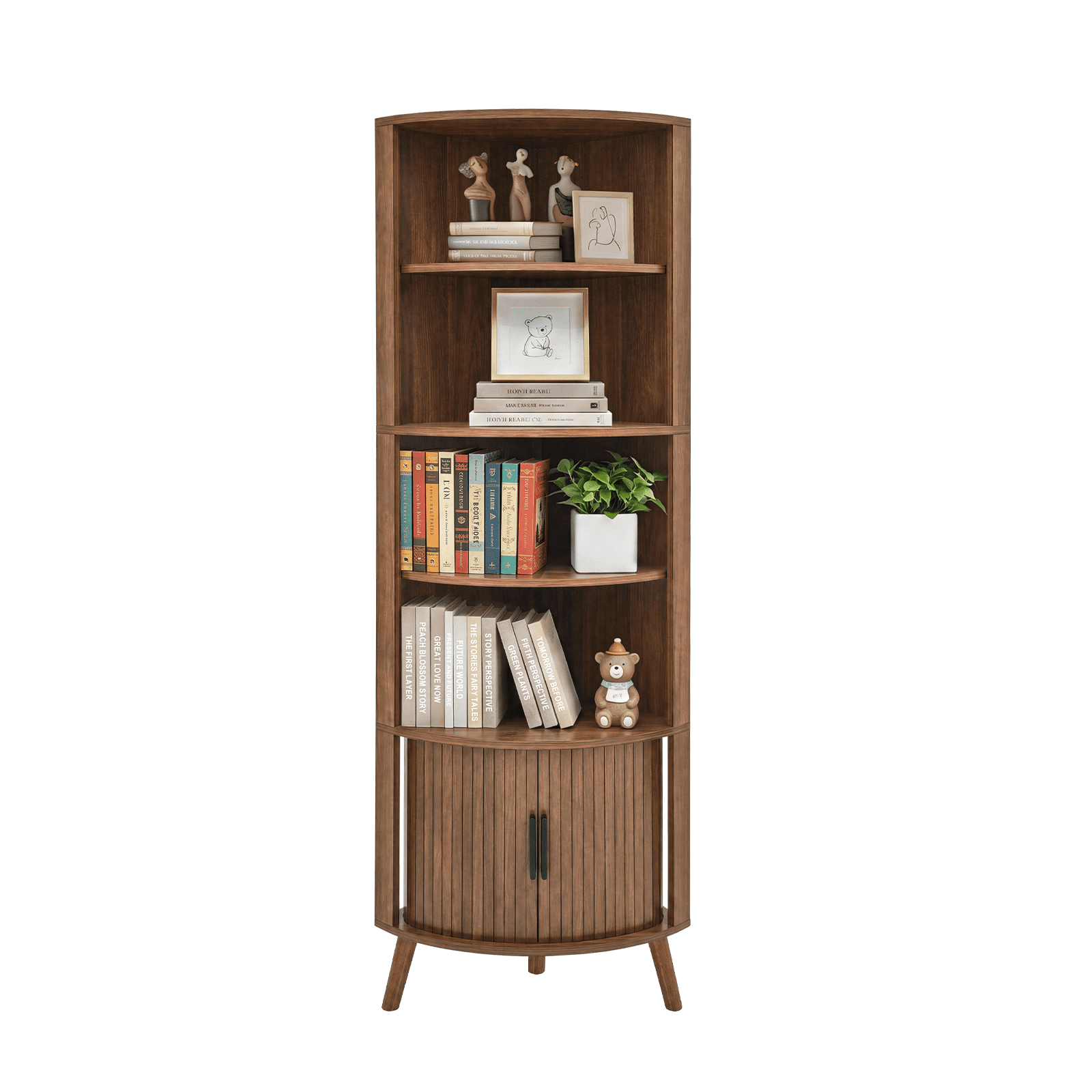 67-Inch Corner Shelf with Sliding Doors and 4-Tier Open Shelves, Freestanding Corner Storage Cabinet and Bookshelf for Living Room and Kitchen, Walnut