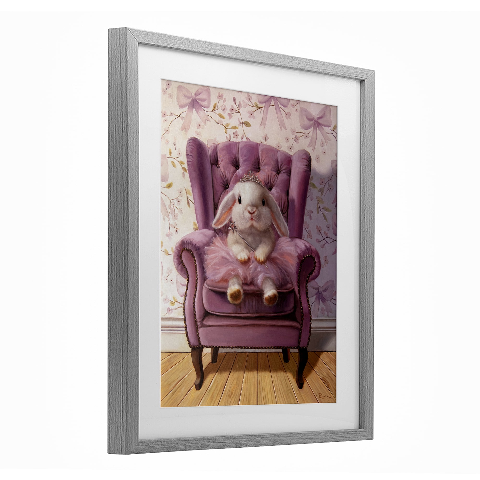 Pink Princess Tutu Bunny Gray Framed Print Under Glass, design by Lucia Heffernan
