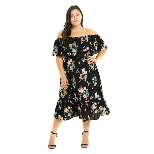 Fourever Funky - Plus Size Floral Flowy Off The Shoulder Midi Ruffle ...